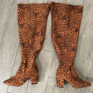 Torrid  thigh-high leopard print heel boots 11WW brown/tan EUC